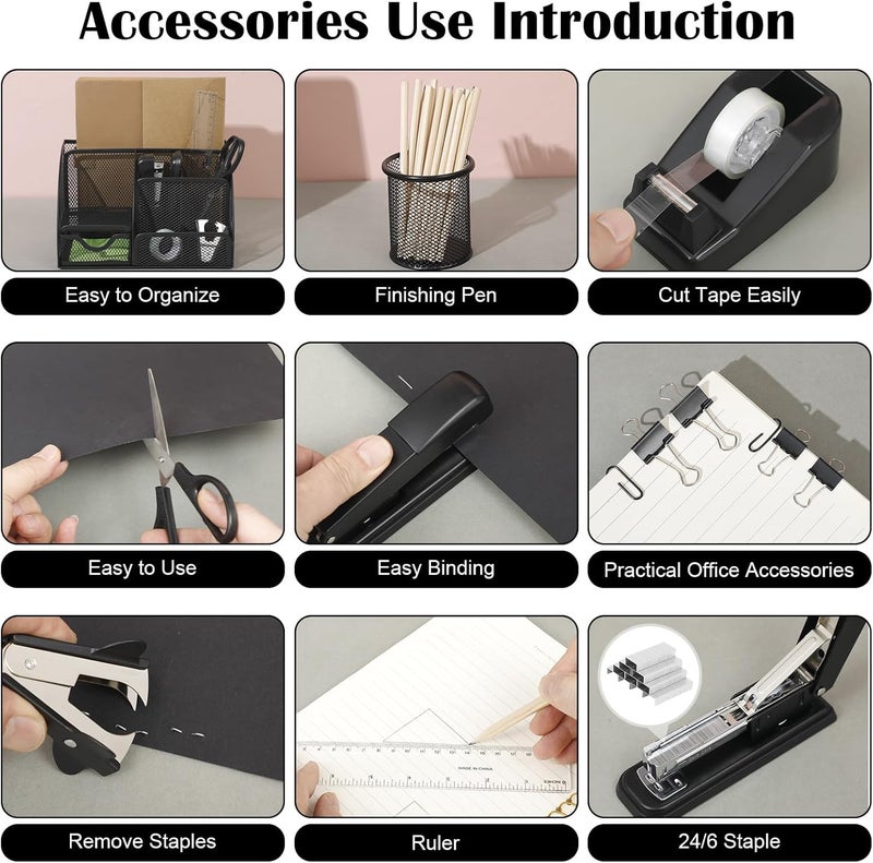 AuraRay Black Desk Organizer and Accessories, Black Desk Asccessories Office Supply Kit Include Mesh Desktop Organizer Stapler 1000 Staples Tape Dispenser Pen Holder Staple Remover Clips Ruler Scissors - Image 4